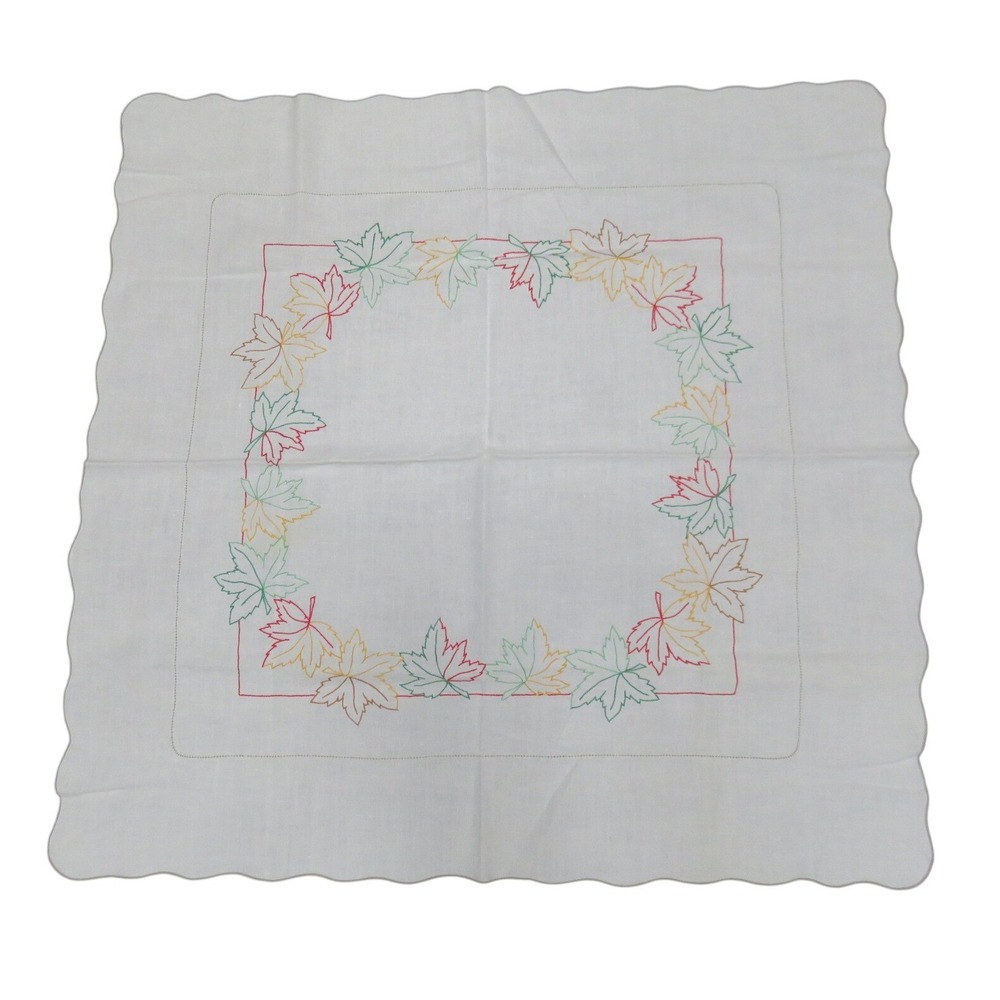 Hand‎ Embroidered Leaf Square Tablecloth Vintage Linen Scalloped Edge 38"